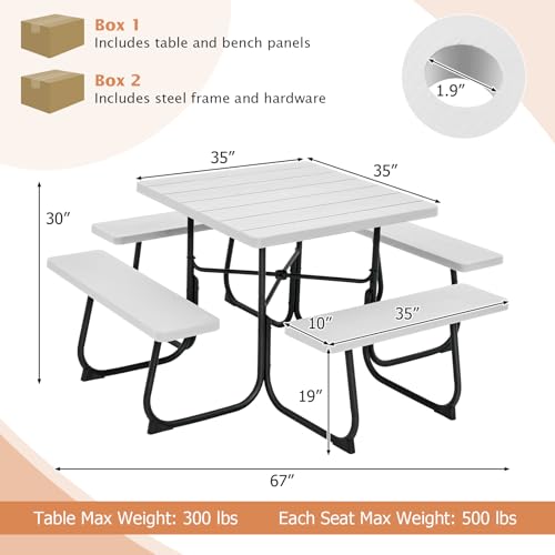 Giantex Picnic Table Set for 8 Persons, Outdoor Table and Bench with Umbrella Hole, HDPE Top & Metal Frame, 500LBS Capacity, Square Patio Table Bench for Deck Backyard Garden (White) - color: White, size: Square-35"x35"x30"