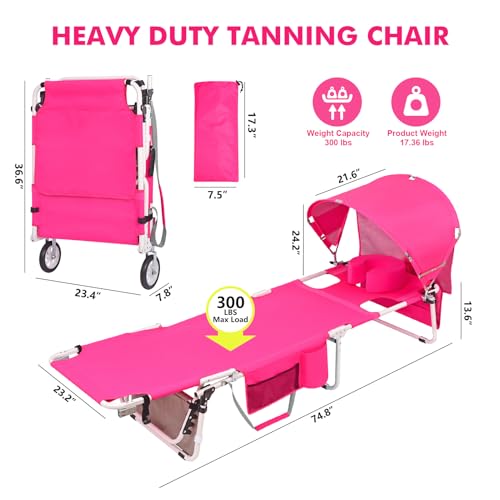 Wheel-To-Go Tanning Chair with Wheels Sun Canopy Umbrella Face Hole Thicker Washable Adjustable, Heavy Duty Folding Sun Lounge Chair Beach Outside Sunbathing Reading, UPF 50+, Pink (Patent Design) - color: Pink, style: Standard Size + Sun Canopy Style
