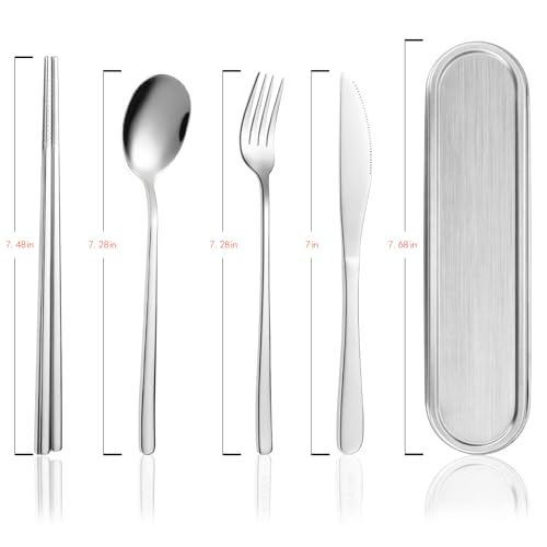 Travel cutlery set, 18/8 stainless steel cutlery, Reusable utensils set with case, Portable Silverware Lunch Box for Camping and Office (Stainless Steel)