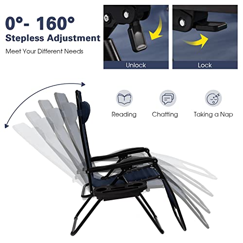Goplus Zero Gravity Lounge Chairs, 160°Adjustable Folding Recliner w/Pillow and Cup Holder, 350LBS Comfy Outdoor Lounge Chairs for Patio, Lawn, Yard & Camp(Set of 2, Navy) - color: Navy, size: 35.4" x 25.2" x 43.3" (Set of 2)