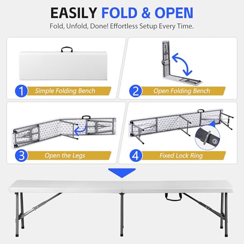 ZENY 6ft Plastic Folding Bench, Portable Outdoor Bench for Picnic Camping Dining Party Garden, Soccer Multipurpose Entertaining Activities, White