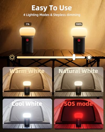 EZVALO LED Rechargeable Camping Lantern, 6000mAh Emergency Outdoor Tent Light for Camping, IPX5 Water Resistant Portable Tent Lantern for Hiking, Backpacking, Fishing, Hurricane, Outages (Black) - color: Black