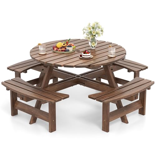 Giantex 8-Person Round Picnic Table Set with 4 Benches, 550 LBS Bench Capacity, 2" Umbrella Hole, Circular Outdoor Wood Dining Table & Chairs for Patio Yard Garden Porch Deck (71”x71”x28”,Brown) - color: Brown, size: 71”x71”x28”