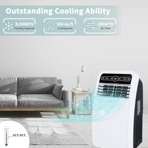 Shinco 8,000 BTU Portable Air Conditioner, AC Unit with Built-in Cool, Dehumidifier & Fan Modes for Room up to 350 sq.ft, Conditioner Remote Control, 24 Hour Timer, Installation Kit - color: SPF1-White-Standard, size: 8000 BTU