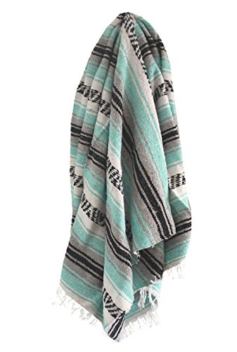 Del Mex Classic Mexican Blanket, Large Authentic Woven Falsa Throw (70"x50"), Artisan Southwest Décor for Beach, Yoga, Outdoors (Mint/Gray) - color: Mint/Gray