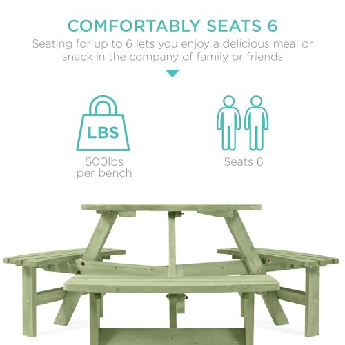 Best Choice Products 6-Person Circular Outdoor Wooden Picnic Table for Patio, Backyard, Garden, DIY w/ 3 Built-in Benches, 500lb Capacity - Sage Green - color: Sage Green