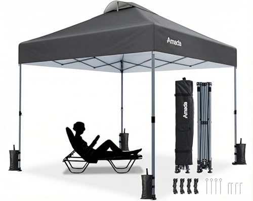 Amada 10x10 Pop Up Canopy Tent, 1-Button Push Easy-up Outdoor Canopy Beach Tent with 3-Height Adjustable Waterproof Shade Shelter, Wheeled STO-N-Go Bag 8 Stakes, 4 SandBags (10×10ft, Dark Gray) - color: Dark Grey, size: 10x10ft