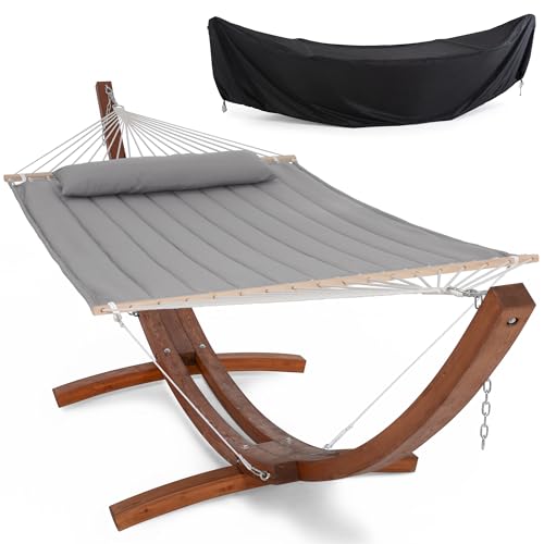 SUNCREAT Double Hammocks Standing Backyard Hammock with Stand, 2 Person Heavy Duty Hammock with 13.5 ft Wooden Stand, Light Gray - color: Light Gray