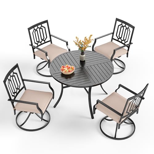 PHI VILLA 5 Pieces Outdoor Dining Set for 4, Round Metal Wrought Iron Table with Umbrella Hole & Swivel Metal Steel Chairs with Cushions, Large Modern Furniture for Patio, Deck, Backyard, Porch - color: Hexagon Back Swivel Chair, size: 5PCS-42" Round Tabl