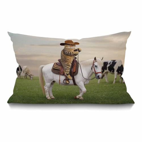 Smooffly Funny Cat Words Waist Lumbar Cotton Linen Throw Pillow case, The Cat Cowboy on a Horse Pillow Cover Farmhouse Decorations Cushion Case for Sofa Couch 12x20 Inches - color: Swn10
