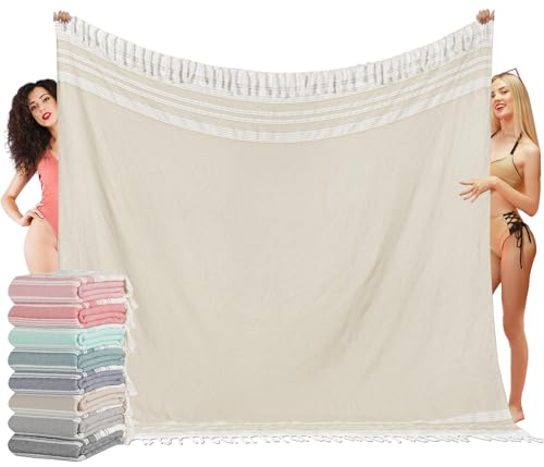 Oversized Turkish Beach Towel Blanket Cotton Polyester Blend Sandproof Towels Boho Woven Extra Large Big Sand Free Giant Throw Blankets Huge Picnic Camping Necessities Cloud For Adult Gifts 82x80 inch - color: Zzmtc Beige Cten, size: XXXL(88x82 IN,224x208