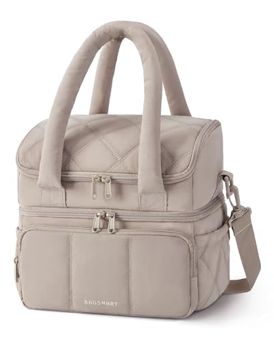 BAGSMART Lunch Bag Women, Double Deck Insulated Lunch Box, Quilted Puffer Lunch Tote, Leakproof, Durable & Reusable Large Lunch Cooler For Work Picnic Travel Meal Prep, Camel - color: Camel, size: Large(double deck)