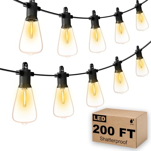 FOOMAN LED Outdoor String Lights, 200FT Outside Waterproof Patio Lights with 100+4 Shatterproof ST38 Edison Bulbs, 2700K Warm White Hanging Light, Dimmable Light for Backyard Porch Gazebo(100FT x 2) - size: 200FT(100FT×2PACK)