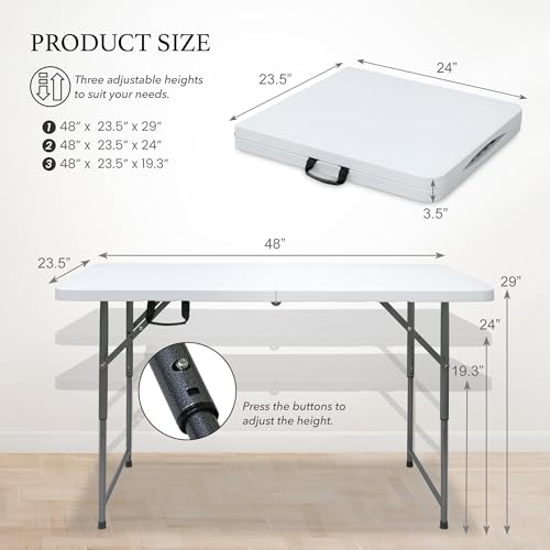 AJP Distributors 4 Foot Portable Plastic Folding Table 4FT 48" Half Foldable Heavy Duty Top w/Carry Handle - Indoor Outdoor Backyard Camping Picnic BBQ Party Wedding Dining Office Event Meeting White - color: White, size: 4 Foot