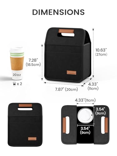 Fluxynara 2-Cup Reusable Felt Drink Carrier with Handle and Adjustable Shoulder Strap, Drink Holder for Car, Multi-Cup Drink Carrier Bag for Delivery, Travel, Picnics (Black) - color: Black, size: 2 Cups