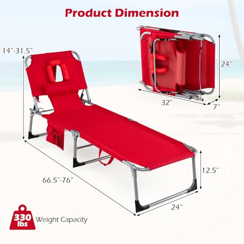 COSTWAY Tanning Chair with Face Hole, Folding Beach Lounge Chair with 4-Position Adjustable Backrest, Pillow & Side Pocket, Foldable Chaise Lounge Chair Outdoor for Sunbathing, Camping (1, Red) - color: Red