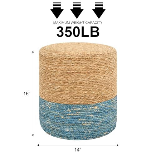 16'' Round Ottoman Natural Seagrass Braided Poof Hand Weaving Round Ottomans Boho Footrest Stool for Home Living Room Bedroom Patio(Natural&Blue) - color: Natural&blue