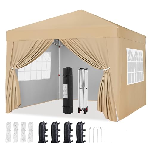 Yaheetech 10x10 Pop Up Canopy with 4 Removable Sidewalls, Portable Enclosed Instant Tent, Waterproof Outdoor Tent, Beach Sun Shelter with 4 Sandbags, 12 Stakes & 4 Ropes, Khaki - color: Khaki, size: 10x10