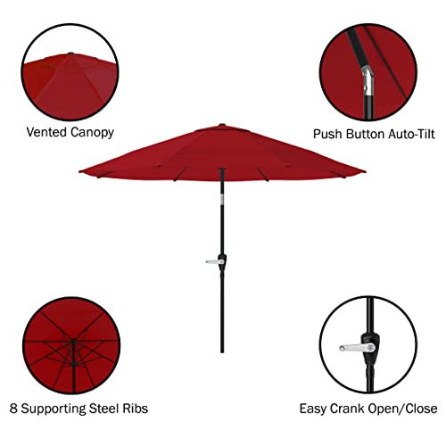 Pure Garden Patio Umbrella with Auto Tilt 10ft Easy Crank Sun Shade with 19lb Weighted Base for Deck, Outdoor Furniture, or Pool (Red)