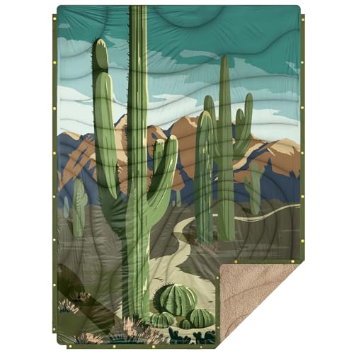 Outdoor Camping Blanket with Sherpa Lining, Extra Warm Thick Camp Blankets and Puffy Ultralight Soft Poncho DWR Camping Quilt for Cold Weather, Adventure, Sleeping, Backpacking 78"x 56" - color: Cactus Green, size: 78 x 56 inches