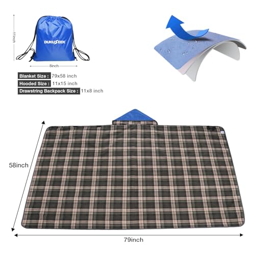DUKUSEEK Outdoor Stadium Blankets with Hood, Fleece Blankets, Quilted, Extra Thick Fleece, Warm, Windproof, Sandproof, Includes Stuff Sack, Shoulder Strap - color: Dark-blue-blue-plaid