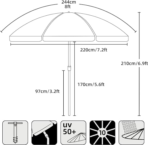 AMMSUN 8 Feet Large Beach Umbrella with Sand Anchor Heavy Duty High Wind Portable Outdoor Umbrellas UV 50+ Protection Air Vent Tilt Patio Garden Pool - color: Cream Khaki