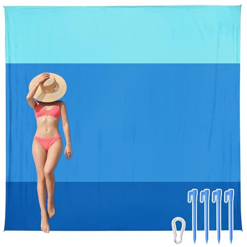 AlphaBeing Beach Blanket Waterproof Sandproof, Extra Large Beach Mat for 1–8 Adults, Oversized Picnic Blanket with 4 Stakes & Storage Bag, Essential Beach Gear for Travel - color: Threeblue, size: 120“×108”