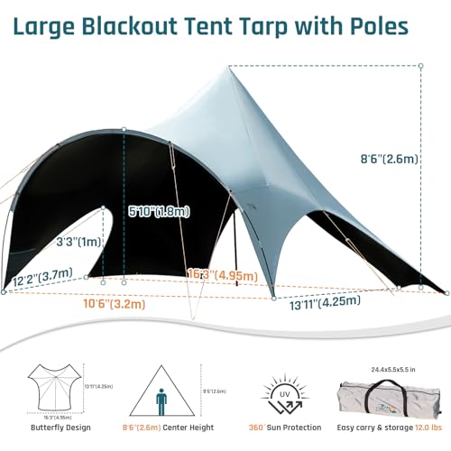 Blackout Camping Canopy Waterproof Tent Tarp with Poles Sun Shade Shelter for Outdoor Camping Backyard Picnic, Included Guy Lines & Luminous Tent Stakes, Gray