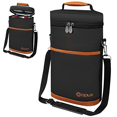 opux 2 Bottle Wine Carrier Tote, Insulated Leakproof Wine Cooler Bag, Wine Travel Bag Tote for Picnic BYOB Beach, Portable Wine Bottle Carrying Case, Gift for Wine Lover Women Men Christmas, Brown - color: Brown