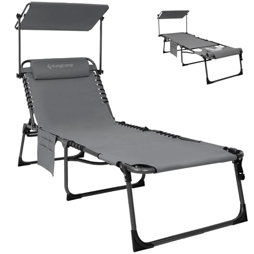 KingCamp Tanning Chair with Face Hole, Lounge Chairs Outdoor Folding Comfy Adjustable 5-Position Foldable Chaise Chaser with Canopy Shade for Outside Beach Patio Sun Bathing Pool, Grey - color: C*skyshade Canopy——grey Canopy, style: oversized