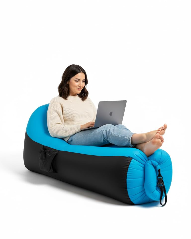 Inflatable Lounger with No-Pump Setup, Floating Portable Air Chair, Ripstop Polyester, Stability Peg for Beach, Camping, Festivals, Tailgating (Blue Black) - style: Blue Black