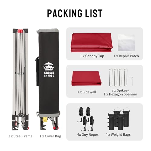 CROWN SHADES 12x12 Pop Up Canopy Tent Instant Commercial with 150D Silver Coated Fabric Including 1 Removable Sidewall, 4 Ropes, 8 Stakes, Weight Bags, STO 'N Go Bag, Red - color: Red, size: 12x12FT