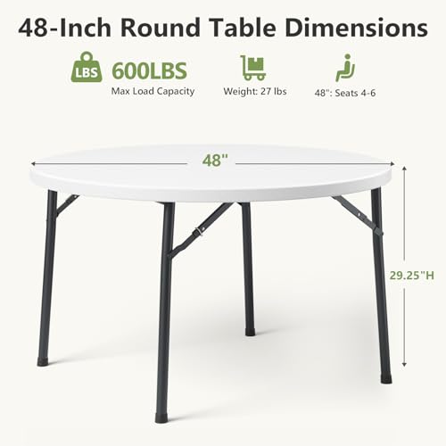 48 inch Folding Round Table, 48" Plastic Commercial Banquet Round Dinner Table with Foldable Steel Legs, Portable Card Table for Party, Events, Indoor, Outdoor, White - color: White, size: 48 inch