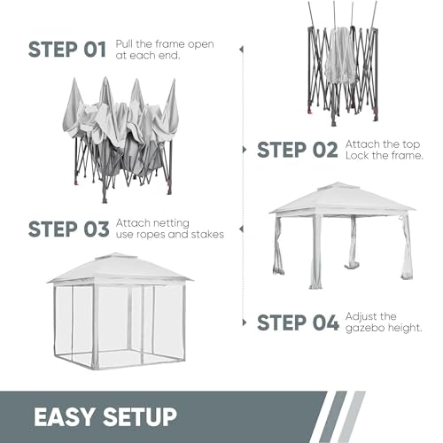 11x11 FT Gazebo Tent, Outdoor Tents for Parties with Mosquito Netting, Folding Heavy Duty Height Adjustable Canopy Tent for Patio Backyard Garden (White) - color: White