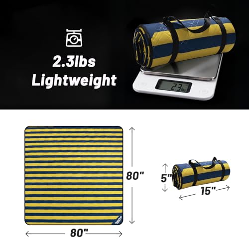 Picnic Blanket 80"x80" – Extra Large Waterproof Outdoor Blanket for Beach, Park, Grass, Lawn, Camping, Sandproof Mat, Foldable & Portable, Ideal Wedding Registry & Family Travel Accessory - color: Yellow & Blue Stripe