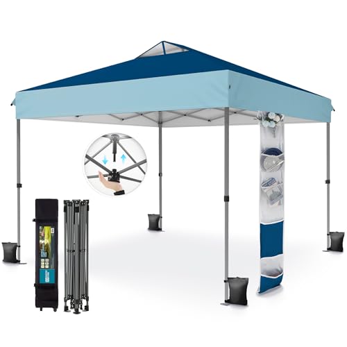 PHI VILLA 10x10ft 1-Person Setup Pop Up Canopy Tent Instant Portable Shelter w/ 1-Button Push, Case, 4 Weight Bags - Dark & Light Blue - color: Dark & Light Blue, size: 10×10 one push