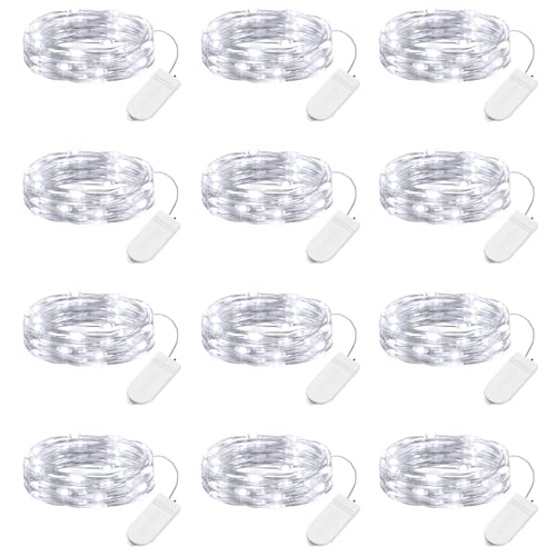 Minetom 12 Pack Fairy Lights Battery Operated String Lights - 7ft 20 LED Waterproof Silver Wire Firefly Lights Waterproof for DIY Crafts Wedding Décor Table Mason Jars Party, White - size: 12 Pack - White