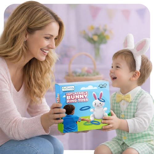 30" Easter Bunny Inflatable Ring Toss Game - Easter Games for Kids with 6 Rings - Weighted Bottom to Keep Inflatable Rabbit Upright - Family Outdoor Easter Party Games for Kids and Adults
