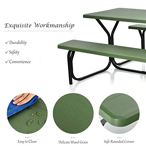 Giantex Picnic Table Bench Set Outdoor Camping All Weather Metal Base Yard Pool Dining Party Garden Patio Lawn Deck Large Camping Table (Green) - color: Green, size: 4.5FT
