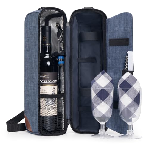 ALLCAMP Wine Bag - Insulated Cooler Bag with Wine Glasses, Bottle Opener & Wine Accessories for Wine Lovers - Portable Wine Gift Bag for Travel, Picnics, and Gift Ideas(Blue) - color: Blue, size: 1 Bottle