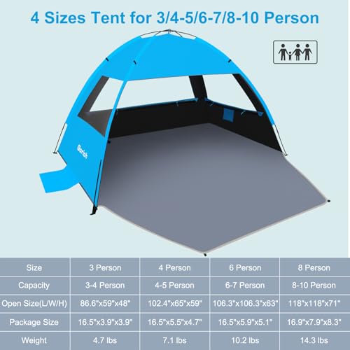 Gorich Beach Tent Sun Shelter for 3/4/6/8/10 Person with UPF 50＋ UV Protection, Lightweight & Easy Setup Beach Shade Canopy, Portable Beach Shade Tent Beach Cabana - color: Dark Shelter-skyblue, size: 3 Person