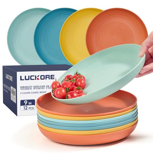Luckore 9 inch Deep Dinner Plates Set of 12 Wheat Straw Plates, Unbreakable Dinner Dishes Alternative for Plastic Microwave and Dishwasher Safe for Kitchen with 4 Colors Classic Bright - size: 9in-12pack