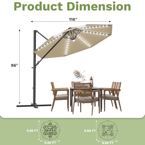 Patiowell 10 FT Patio Umbrella with Solar LED Light, Outdoor Cantilever Umbrella with 360 Degree Rotation, Outside Large Round Sun Umbrella with Frame for Backyard Garden Poolside, Beige - color: Beige with Light, size: 10 FT