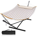 Double Hammock with Stand for Outside, Quick Dry Hammock with Curved Spreader Bars, Pillow and Carrying Bag, 450 Lbs Capacity, Light Brown Stripe - color: Zquick Dry-light Brown Stripe