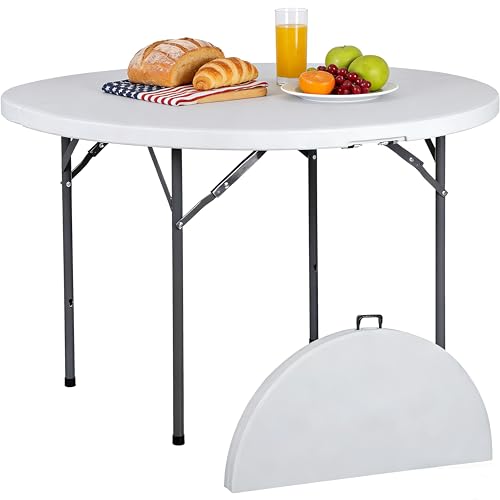 JupiterForce 4 FT Round Folding Table, 48" Indoor Outdoor Portable Plastic Dining Card Table for Kitchen, Commercial, Camping Picnic Party Wedding Event, White - size: 48 inch