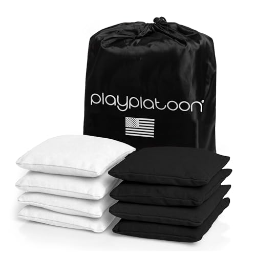 Play Platoon Cornhole Bags Weather Resistant- Set of 8 Regulation Bean Bags for Tossing- Official Professional Size & Weight Corn Hole Bags Two Color All Weather Cornhole Beans Bag Set with Tote Bag - color: Black & White