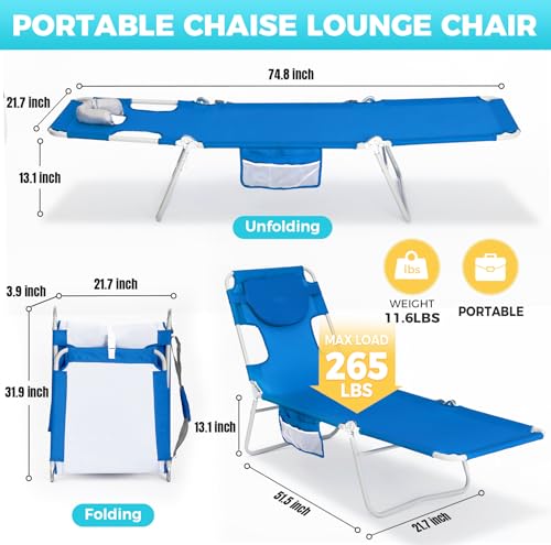 #WEJOY Folding Tanning Chair with Face Hole, 5-Position Face Down Beach Lounge Chair for Sunbathing, Lightweight Portable Outside Recliner with Side Pocket & Shoulder Straps for Pool, Patio, Blue - color: Readease-face Hole Blue, style: ReadEase 5 Positio