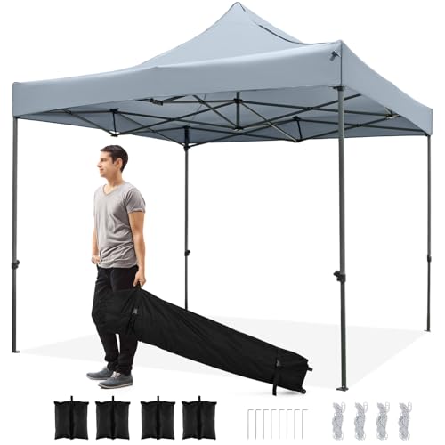 Tangkula 10x10 FT Pop Up Canopy, Instant Setup Outdoor Tent with Heavy-Duty Carbon Steel Frame, Wheeled Bag, 4 Sandbags, 8 Stake, 4 Ropes, Portable Canopy Tent for Parties Events Camping (Gray) - color: Gray