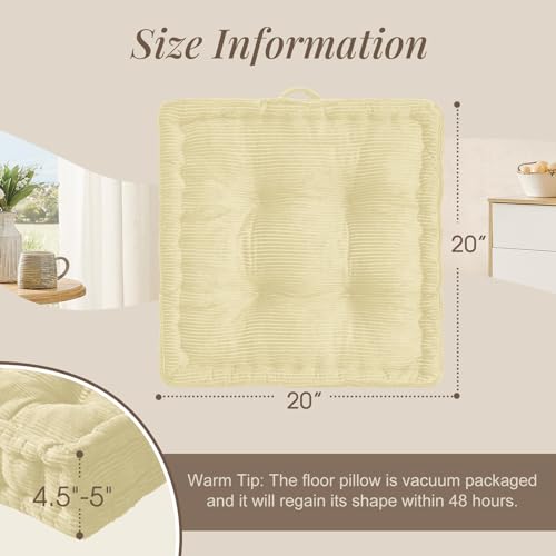 Wellsin Square Floor Pillows for Adults Kids - Meditation Floor Pillow Seating Cushion - Tufted Floor Cushion with Shredded Foam & Velvet Cover, 1 Pack, 20x20 Inch, Beige - color: Beige, size: 1 Pack (20"x20")