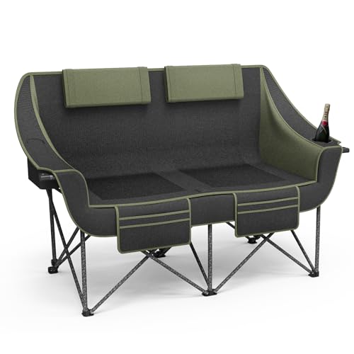 Heavy Duty Double Camping Chair with Padded Camping Loveseat – Oversized 2 Person Folding Camping Chair for Adults,Portable Camping Sofa with Cup Holders & Carry Bag for Outdoor Lawn, Beach or Patio